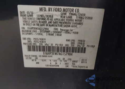 2010 Ford Taurus Sel из США, поврежденный, VIN 1FAHP2EW7AG157904